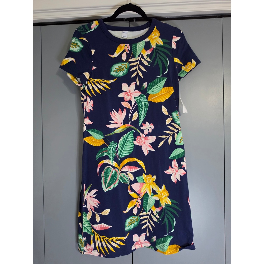 NWT Old Navy T-Shirt Dress Small Navy Blue Tropical Floral Short Sleeve Mini